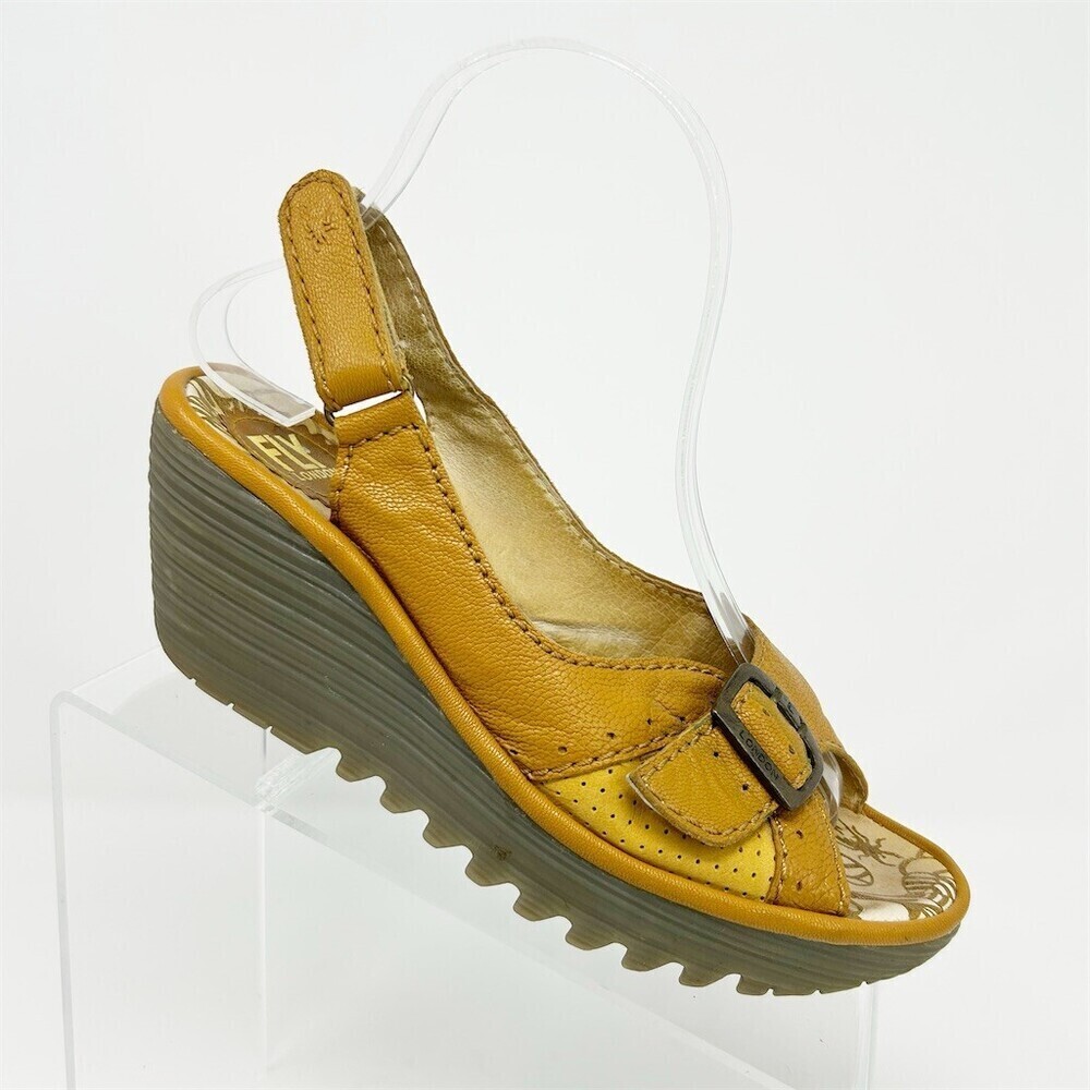 FLY London Yaga Womens Slingback Wedge Sandals Mustard Yellow Open Toe Size 37